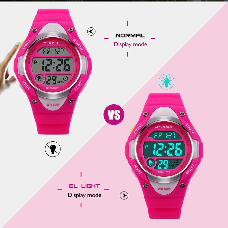 cofuo Girls Boys Digital Watch - Kids Sports Waterproof Outdoor Watches with Alarm Stopwatch Youth Children LED Electronic Wristwatch - Rose Red - Image 4